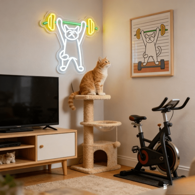 Cat Lifting Weights Neon Sign  - đánh giá và giá Home Gym Neon Sign